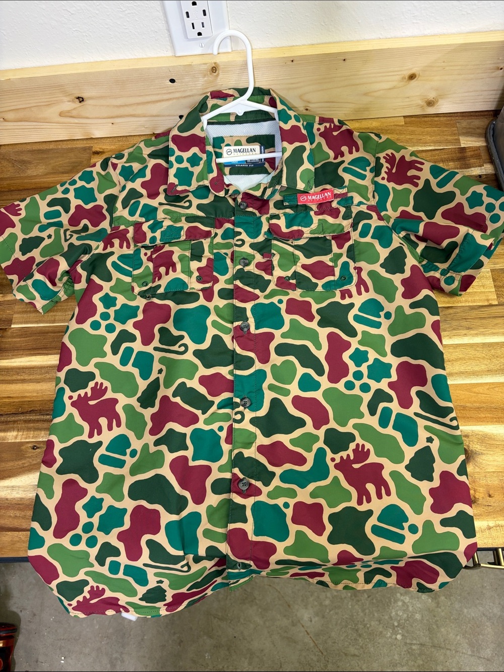 Magellan Outdoors Kids Short Sleeve Button Down Shirt in Tan, Green & Red Camo